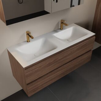 Mondiaz AIVY 120cm badmeubel Mocha, wastafel Talc solid surface dubbel 2 kraangaten met spiegelkast (AI-351651TALC-SI - AI-M120MODU - AI-C120MOMI)