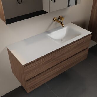 Mondiaz AIVY 120cm badmeubel Mocha, wastafel Talc solid surface rechts zonder kraangat met spiegelkast (AI-351641TALC-NO - AI-M120MORE - AI-C120MOMI)