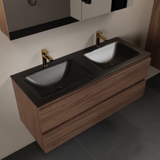 Mondiaz AIVY 120cm badmeubel Mocha, wastafel Urban solid surface dubbel 2 kraangaten met spiegelkast (AI-351651URBAN-SI - AI-M120MODU - AI-C120MOMI)