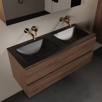 Mondiaz AIVY 120cm badmeubel Mocha, wastafel Urban solid surface dubbel zonder kraangat met spiegelkast (AI-351651URBAN-NO - AI-M120MODU - AI-C120MOMI)