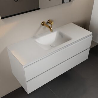 Mondiaz AIVY 120cm badmeubel Talc, wastafel Talc solid surface midden zonder kraangat met spiegel (AI-351621TALC-NO - AI-M120TAMI - AI-S120X70)