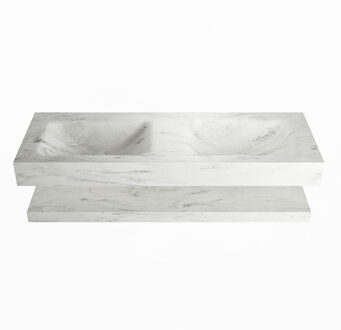 Mondiaz ALAN-DLUX 130cm planchet Opalo. Vrijhangende wastafel CLOUD dubbel 2 kraangaten, kleur Opalo.