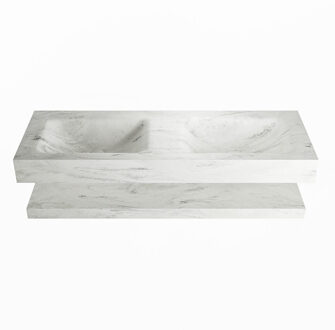 Mondiaz ALAN-DLUX 130cm planchet Opalo. Vrijhangende wastafel CLOUD dubbel zonder kraangat, kleur Opalo.
