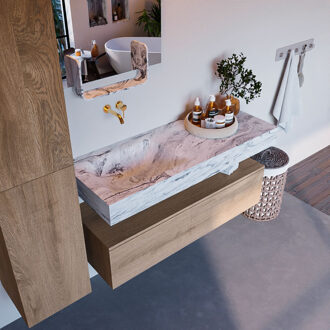 Mondiaz Alan DLux badmeubel 120cm washed oak 1 lade met wastafel glace links zonder kraangat