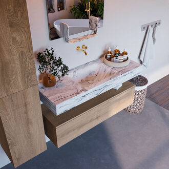 Mondiaz Alan DLux badmeubel 120cm washed oak 1 lade met wastafel glace midden zonder kraangat