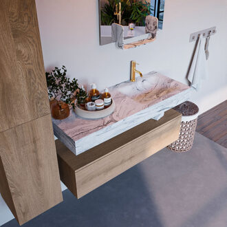 Mondiaz Alan DLux badmeubel 120cm washed oak 1 lade met wastafel glace rechts 1 kraangat