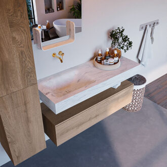 Mondiaz Alan DLux badmeubel 120cm washed oak 1 lade met wastafel opalo links zonder kraangat