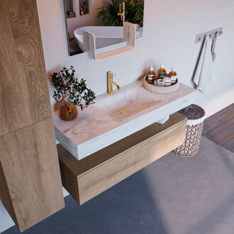 Mondiaz Alan DLux badmeubel 120cm washed oak 1 lade met wastafel opalo midden 1 kraangat