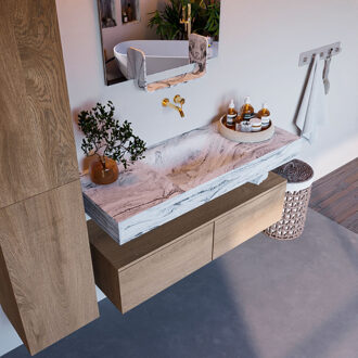 Mondiaz Alan DLux badmeubel 120cm washed oak 2 lades met wastafel glace midden zonder kraangat