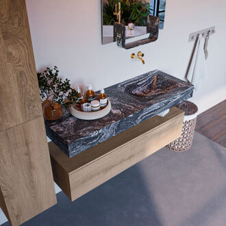 Mondiaz Alan DLux badmeubel 130cm washed oak 1 lade met wastafel lava rechts zonder kraangat