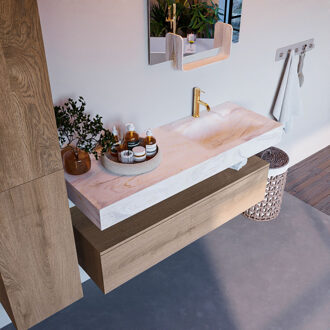 Mondiaz Alan DLux badmeubel 130cm washed oak 1 lade met wastafel ostra rechts 1 kraangat