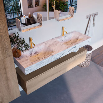 Mondiaz Alan DLux badmeubel 150cm washed oak 1 lade met wastafel glace dubbel 2 kraangaten