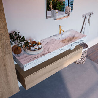 Mondiaz Alan DLux badmeubel 150cm washed oak 1 lade met wastafel glace rechts 1 kraangat