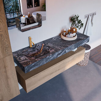 Mondiaz Alan DLux badmeubel 150cm washed oak 1 lade met wastafel lava links 1 kraangat