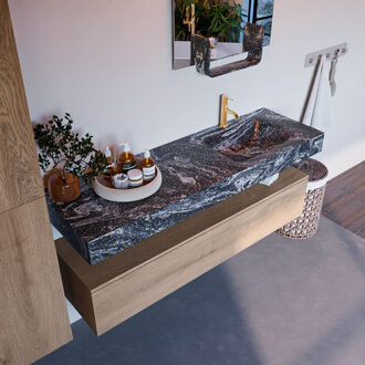 Mondiaz Alan DLux badmeubel 150cm washed oak 1 lade met wastafel lava rechts 1 kraangat