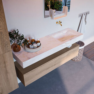 Mondiaz Alan DLux badmeubel 150cm washed oak 1 lade met wastafel ostra rechts zonder kraangat