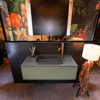 Mondiaz Badkamermeubelset Mondiaz Erin 100 cm met 1 Lade met RIDGE Wastafel Midden Dark grey met 1 kraangat Greeploos Mat Army Groen