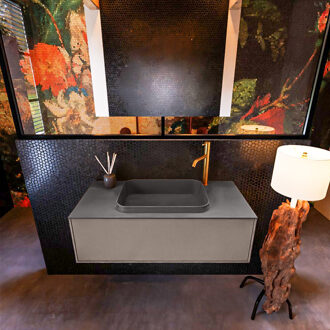 Mondiaz Badkamermeubelset Mondiaz Erin 100 cm met 1 Lade met RIDGE Wastafel Midden Dark grey met 1 kraangat Greeploos Mat Smoke Grijs