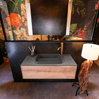 Mondiaz Badkamermeubelset Mondiaz Erin 100 cm met 1 Lade met RIDGE Wastafel Midden Dark grey met 1 kraangat Greeploos Mat Washed Oak Eiken
