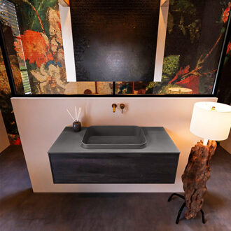 Mondiaz Badkamermeubelset Mondiaz Erin 100 cm met 1 Lade met RIDGE Wastafel Midden Dark grey Zonder Kraangaten Greeploos Mat Dark Brown Bruin