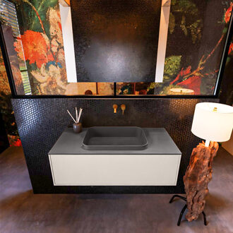 Mondiaz Badkamermeubelset Mondiaz Erin 100 cm met 1 Lade met RIDGE Wastafel Midden Dark grey Zonder Kraangaten Greeploos Mat Linen Beige