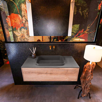 Mondiaz Badkamermeubelset Mondiaz Erin 100 cm met 1 Lade met RIDGE Wastafel Midden Dark grey Zonder Kraangaten Greeploos Mat Washed Oak Eiken