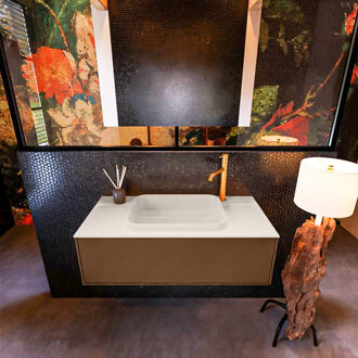 Mondiaz Badkamermeubelset Mondiaz Erin 100 cm met 1 Lade met RIDGE Wastafel Midden Linen met 1 kraangat Greeploos Mat Rust Bruin