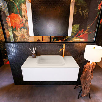 Mondiaz Badkamermeubelset Mondiaz Erin 100 cm met 1 Lade met RIDGE Wastafel Midden Linen met 1 kraangat Greeploos Mat Talc Wit