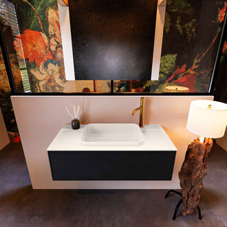 Mondiaz Badkamermeubelset Mondiaz Erin 100 cm met 1 Lade met RIDGE Wastafel Midden Linen met 1 kraangat Greeploos Mat Urban Zwart