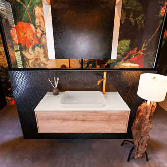 Mondiaz Badkamermeubelset Mondiaz Erin 100 cm met 1 Lade met RIDGE Wastafel Midden Linen met 1 kraangat Greeploos Mat Washed Oak Eiken