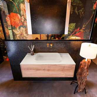 Mondiaz Badkamermeubelset Mondiaz Erin 100 cm met 1 Lade met RIDGE Wastafel Midden Linen Zonder Kraangaten Greeploos Mat Washed Oak Eiken