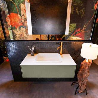 Mondiaz Badkamermeubelset Mondiaz Erin 100 cm met 1 Lade met RIDGE Wastafel Midden Talc met 1 kraangat Greeploos Mat Army Groen