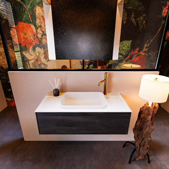 Mondiaz Badkamermeubelset Mondiaz Erin 100 cm met 1 Lade met RIDGE Wastafel Midden Talc met 1 kraangat Greeploos Mat Dark Brown Bruin