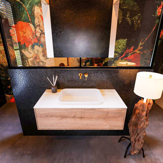 Mondiaz Badkamermeubelset Mondiaz Erin 100 cm met 1 Lade met RIDGE Wastafel Midden Talc Zonder Kraangaten Greeploos Mat Washed Oak Eiken