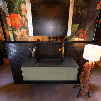 Mondiaz Badkamermeubelset Mondiaz Erin 100 cm met 1 Lade met RIDGE Wastafel Midden Urban met 1 kraangat Greeploos Mat Army Groen