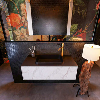 Mondiaz Badkamermeubelset Mondiaz Erin 100 cm met 1 Lade met RIDGE Wastafel Midden Urban met 1 kraangat Greeploos Mat Carrara Wit