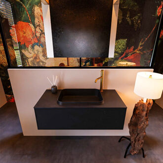 Mondiaz Badkamermeubelset Mondiaz Erin 100 cm met 1 Lade met RIDGE Wastafel Midden Urban met 1 kraangat Greeploos Mat Urban Zwart