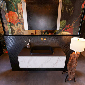 Mondiaz Badkamermeubelset Mondiaz Erin 100 cm met 1 Lade met RIDGE Wastafel Midden Urban Zonder Kraangaten Greeploos Mat Carrara Wit