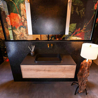 Mondiaz Badkamermeubelset Mondiaz Erin 100 cm met 1 Lade met RIDGE Wastafel Midden Urban Zonder Kraangaten Greeploos Mat Washed Oak Eiken