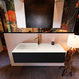 Mondiaz Badkamermeubelset Mondiaz Erin 120 cm met 1 Lade met RIDGE Wastafel Links Linen met 1 kraangat Greeploos Mat Urban Zwart