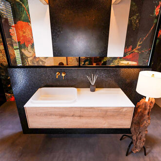 Mondiaz Badkamermeubelset Mondiaz Erin 120 cm met 1 Lade met RIDGE Wastafel Links Talc Zonder Kraangaten Greeploos Mat Washed Oak Eiken