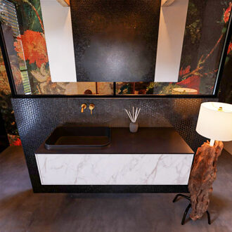 Mondiaz Badkamermeubelset Mondiaz Erin 120 cm met 1 Lade met RIDGE Wastafel Links Urban Zonder Kraangaten Greeploos Mat Carrara Wit