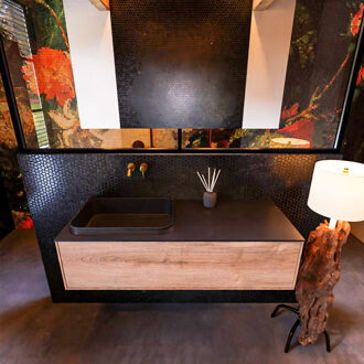 Mondiaz Badkamermeubelset Mondiaz Erin 120 cm met 1 Lade met RIDGE Wastafel Links Urban Zonder Kraangaten Greeploos Mat Washed Oak Eiken