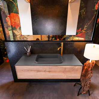 Mondiaz Badkamermeubelset Mondiaz Erin 120 cm met 1 Lade met RIDGE Wastafel Midden Dark grey met 1 kraangat Greeploos Mat Washed Oak Eiken