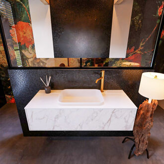 Mondiaz Badkamermeubelset Mondiaz Erin 120 cm met 1 Lade met RIDGE Wastafel Midden Talc met 1 kraangat Greeploos Mat Carrara Wit