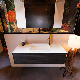 Mondiaz Badkamermeubelset Mondiaz Erin 120 cm met 1 Lade met RIDGE Wastafel Midden Talc met 1 kraangat Greeploos Mat Dark Brown Bruin