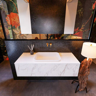 Mondiaz Badkamermeubelset Mondiaz Erin 120 cm met 1 Lade met RIDGE Wastafel Midden Talc Zonder Kraangaten Greeploos Mat Carrara Wit