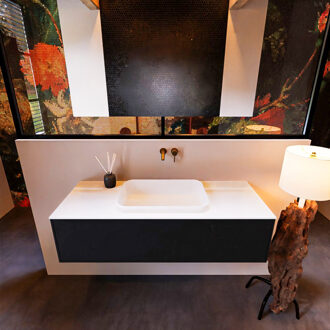 Mondiaz Badkamermeubelset Mondiaz Erin 120 cm met 1 Lade met RIDGE Wastafel Midden Talc Zonder Kraangaten Greeploos Mat Urban Zwart