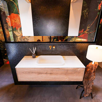 Mondiaz Badkamermeubelset Mondiaz Erin 120 cm met 1 Lade met RIDGE Wastafel Midden Talc Zonder Kraangaten Greeploos Mat Washed Oak Eiken