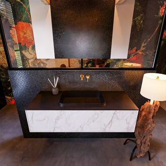 Mondiaz Badkamermeubelset Mondiaz Erin 120 cm met 1 Lade met RIDGE Wastafel Midden Urban Zonder Kraangaten Greeploos Mat Carrara Wit